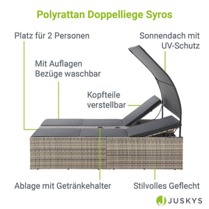 Polyrattan Doppelliege Syros mit Sonnendach & Auflagen - Grau-meliert