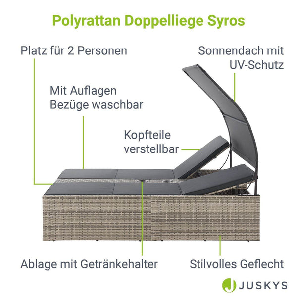 Polyrattan Doppelliege Syros mit Sonnendach & Auflagen - Grau-meliert