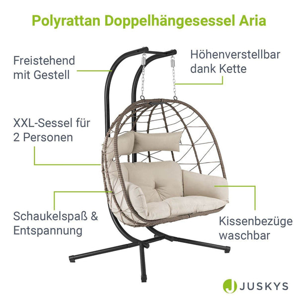 Polyrattan Doppel Hängesessel Aria mit Gestell - Beige