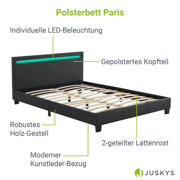 LED Polsterbett Paris 140 x 200 cm Lattenrost schwarz