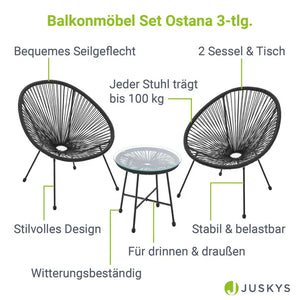 Balkonmöbel Set Ostana 3-teilig Schwarz Sitzgruppe im Retro-Design mit Tisch & 2 Sesseln