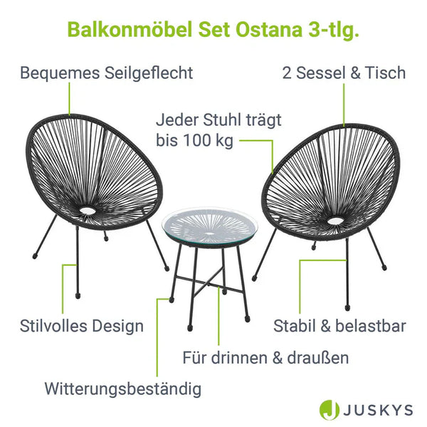 Balkonmöbel Set Ostana 3-teilig Schwarz Sitzgruppe im Retro-Design mit Tisch & 2 Sesseln