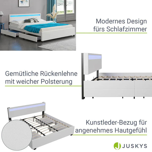LED Polsterbett Lyon mit Bettkasten 180x200 cm mit Lattenrost weiss