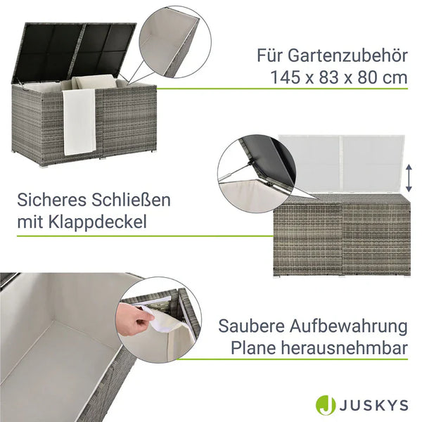 Polyrattan Auflagenbox Ikaria grau mit Deckel 950 Liter