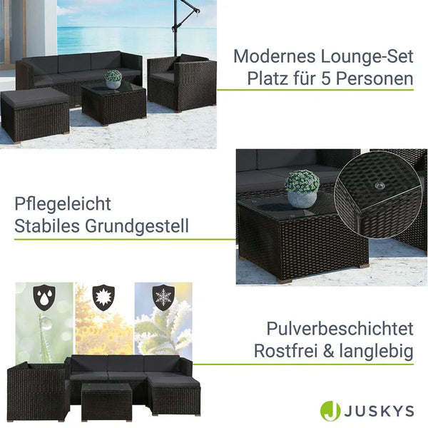 Polyrattan Lounge / Sitzgarnitur Punta Cana L schwarz mit Bezügen in Dunkelgrau