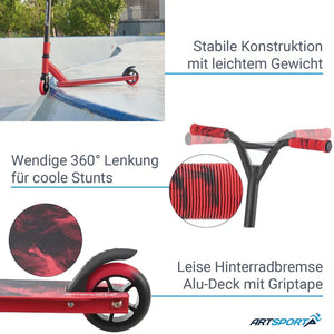 Stunt Scooter Red Smoke in Rot Schwarz Trick Roller mit 360° Lenkung