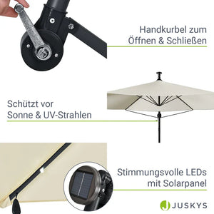 Ampelschirm Brazil Ø 3,0m mit LED, Kurbel und Standfuß in dunkelgrau und creme