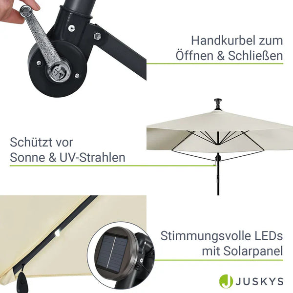 Ampelschirm Brazil Ø 3,0m mit LED, Kurbel und Standfuß in dunkelgrau und creme