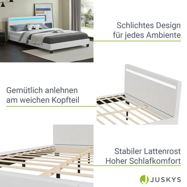 LED Polsterbett Paris 140 x 200 cm mit Lattenrost weiss