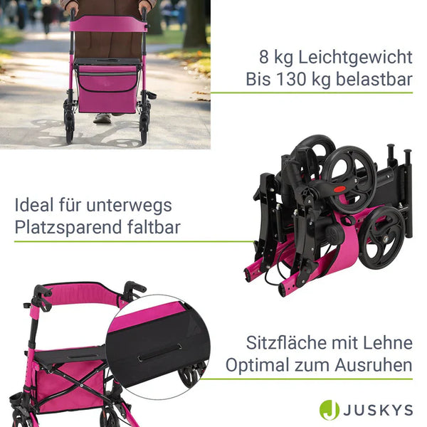 Aluminium Rollator Vital klappbar mit Sitzfläche & Einkaufstasche in lila