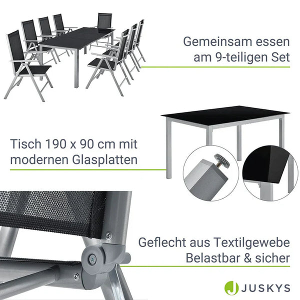 Aluminium Gartengarnitur Milano 9-teilig mit Tisch und 8 Stühlen silbergrau