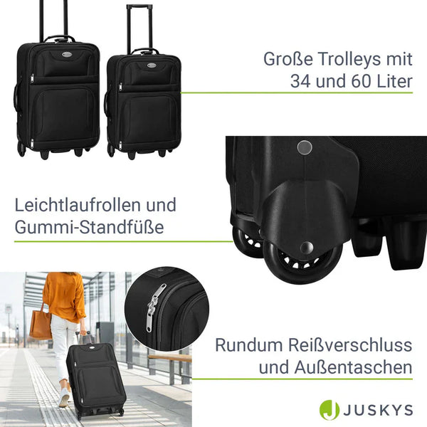 Trolley Kofferset Athen - Schwarz 5-teiliges Set mit 2 Trolleys, Umhänge- und 2 Kosmetiktaschen