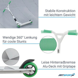 Stunt Scooter Futuristic in Weiss Grün Trick Roller mit 360° Lenkung