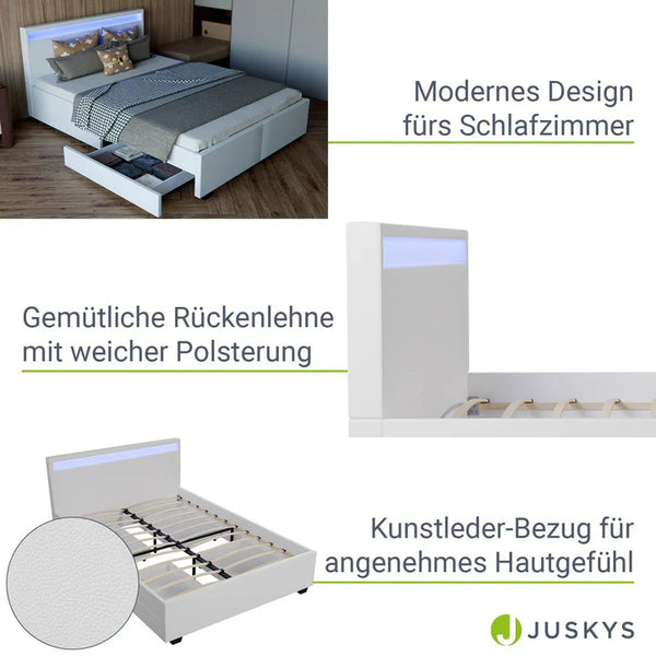 LED Polsterbett Lyon mit Bettkasten 140 x 200 cm - weiss