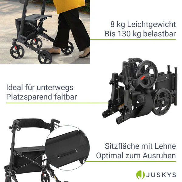 Aluminium Rollator Vital klappbar mit Sitzfläche & Einkaufstasche in schwarz