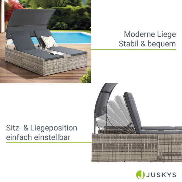 Polyrattan Doppelliege Syros mit Sonnendach & Auflagen - Grau-meliert