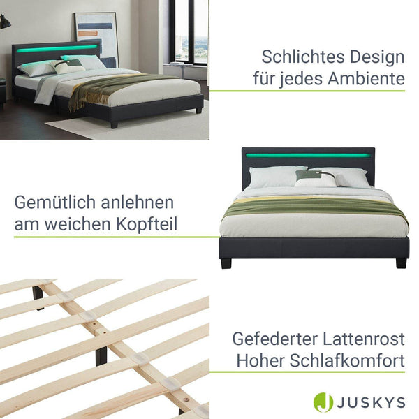 LED Polsterbett Paris 140 x 200 cm Lattenrost schwarz