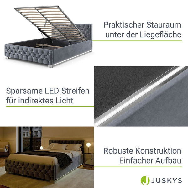 LED Polsterbett Nizza 180x200 cm Bettkasten Grau