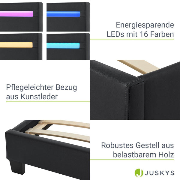 LED Polsterbett Paris 140 x 200 cm Lattenrost schwarz
