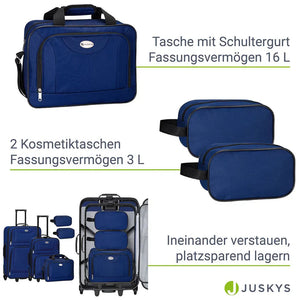 Trolley Kofferset Athen - Blau 5-teiliges Set mit 2 Trolleys, Umhänge- und 2 Kosmetiktaschen