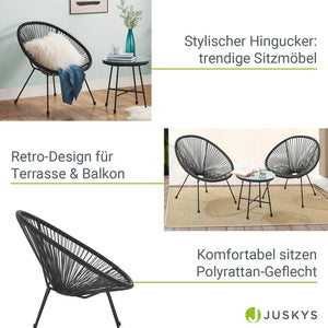 Balkonmöbel Set Ostana 3-teilig Schwarz Sitzgruppe im Retro-Design mit Tisch & 2 Sesseln