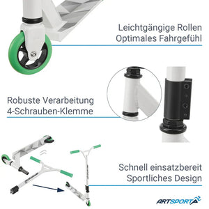 Stunt Scooter Futuristic in Weiss Grün Trick Roller mit 360° Lenkung