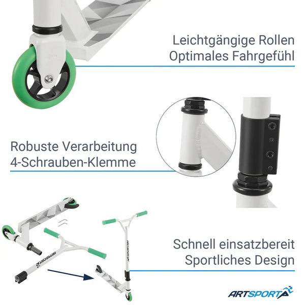Stunt Scooter Futuristic in Weiss Grün Trick Roller mit 360° Lenkung