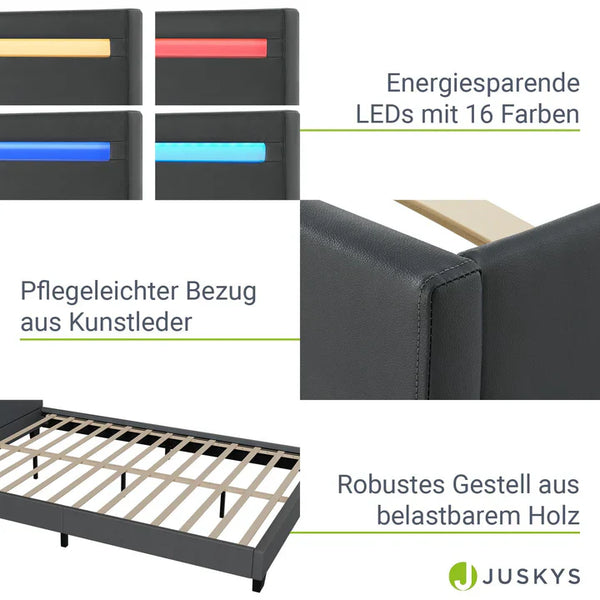 LED Polsterbett Paris 140x200 cm mit Lattenrost Dunkelgrau