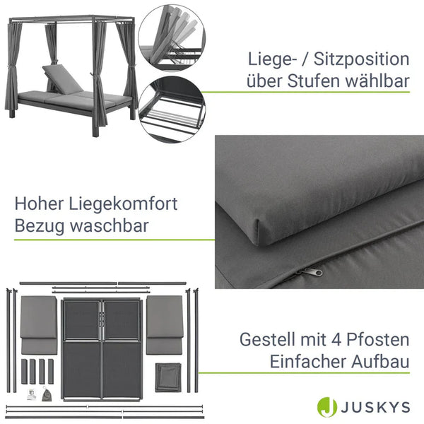 Doppel Loungebett Sonnenliege Kreta - Liege mit Dach in Grau