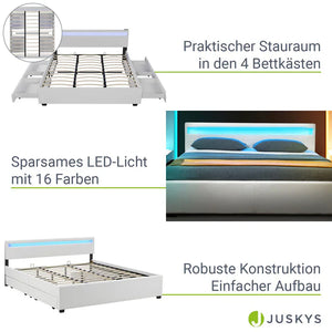 LED Polsterbett Lyon mit Bettkasten 180x200 cm mit Lattenrost weiss