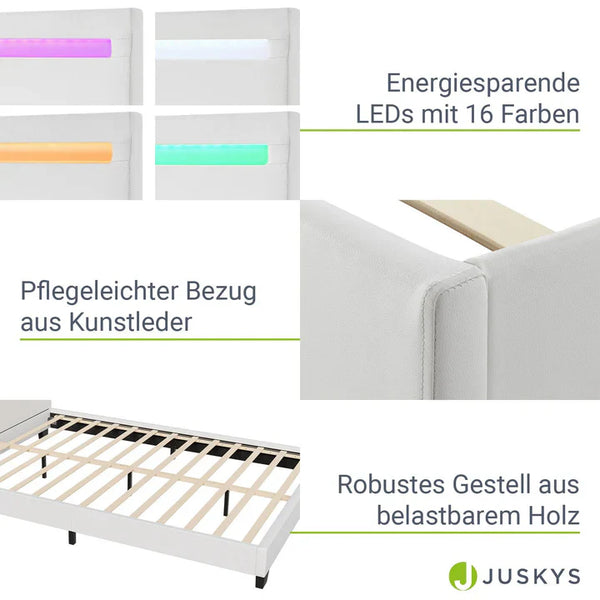 LED Polsterbett Paris 140 x 200 cm mit Lattenrost weiss