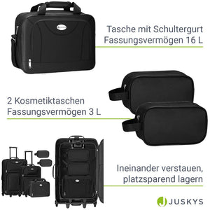 Trolley Kofferset Athen - Schwarz 5-teiliges Set mit 2 Trolleys, Umhänge- und 2 Kosmetiktaschen