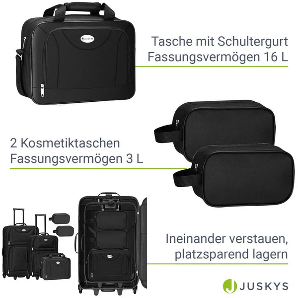 Trolley Kofferset Athen - Schwarz 5-teiliges Set mit 2 Trolleys, Umhänge- und 2 Kosmetiktaschen