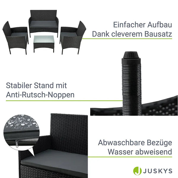 Polyrattan Sitzgruppe Fort Myers schwarz und dunkelgraue Bezüge
