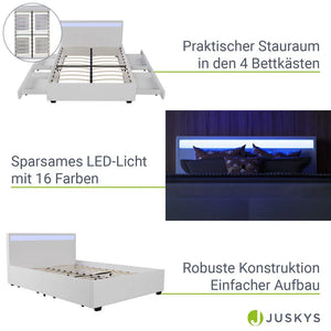 LED Polsterbett Lyon mit Bettkasten 140 x 200 cm - weiss