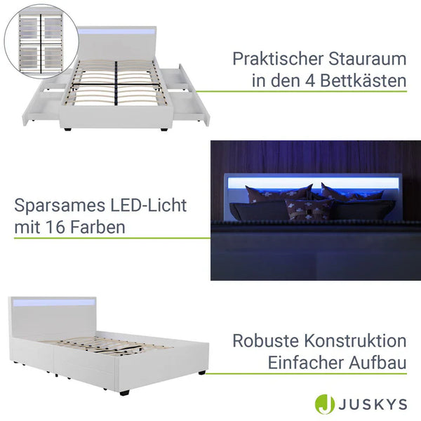 LED Polsterbett Lyon mit Bettkasten 140 x 200 cm - weiss