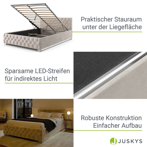 LED Polsterbett Nizza 180x200 cm Bettkasten Beige