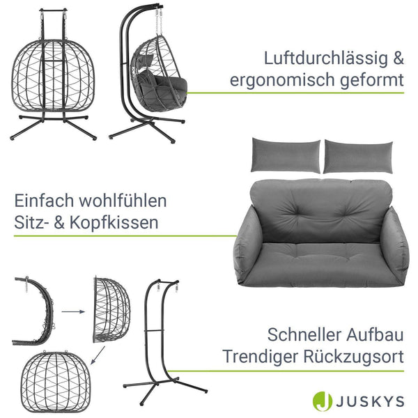 Polyrattan Doppel Hängesessel Aria mit Gestell - Grau