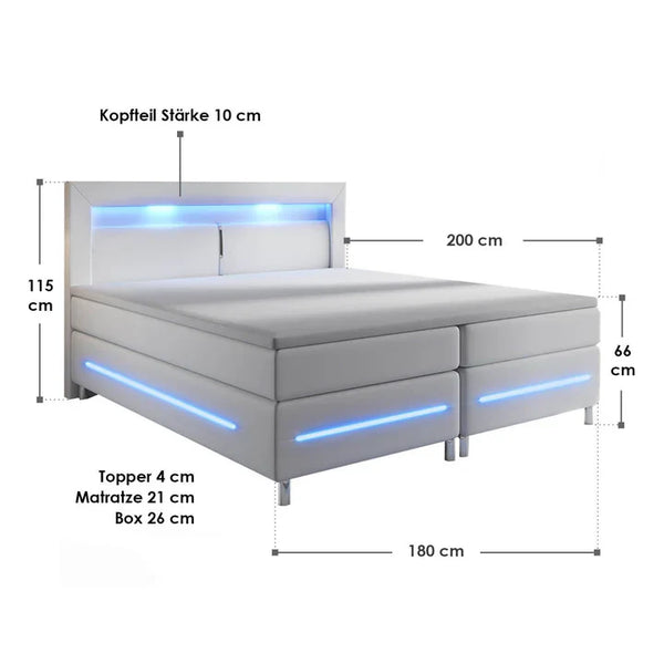 Boxspringbett Norfolk 180x200 cm weiss - LED-Streifen und Federkernmatratze