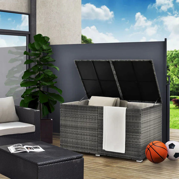 Polyrattan Auflagenbox Ikaria grau mit Deckel 950 Liter