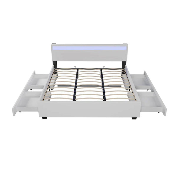 LED Polsterbett Lyon mit Bettkasten 180x200 cm mit Lattenrost weiss