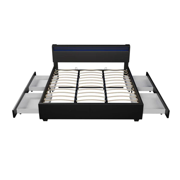 Polsterbett Lyon mit Bettkasten 180 x 200 cm LED-Beleuchtung und Lattenrost schwarz