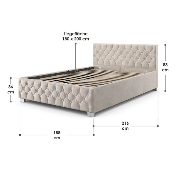 LED Polsterbett Nizza 180x200 cm Bettkasten Beige