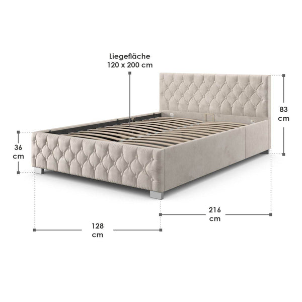 LED Polsterbett Nizza 120x200 cm Bettkasten Beige