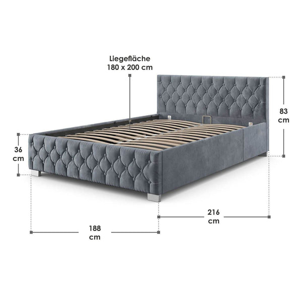 LED Polsterbett Nizza 180x200 cm Bettkasten Grau
