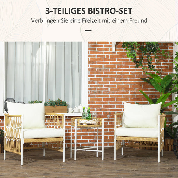 Bistro-Set Gartenmöbel Sitzgruppe Rattan 3-teilig gelb creme