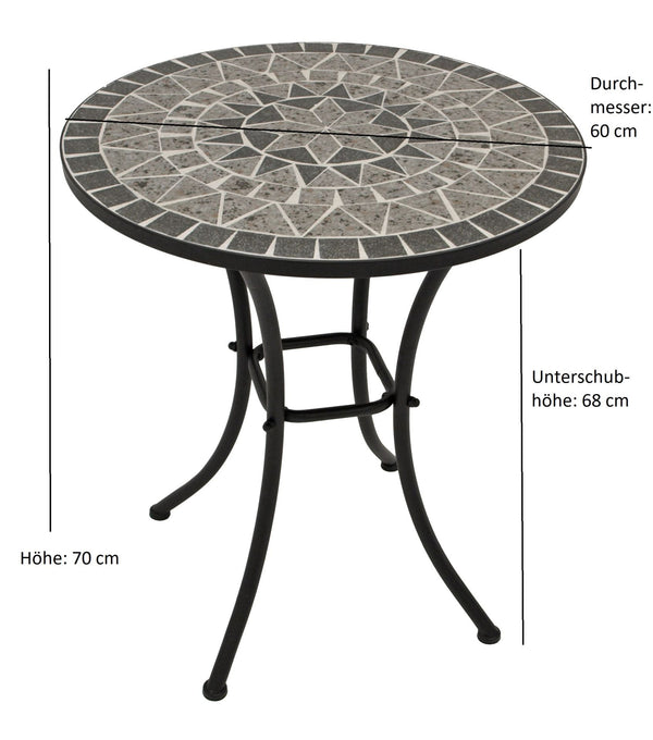 Bistrotisch SIENA 60cm rund, Eisen schwarz und Mosaik grau