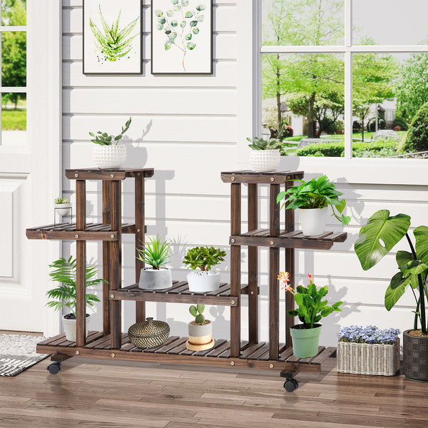 Blumentreppe mit Rollen und 6 Ebenen aus Holz braun