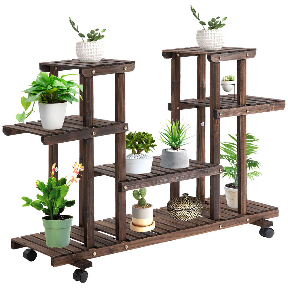 Blumentreppe mit Rollen und 6 Ebenen aus Holz braun