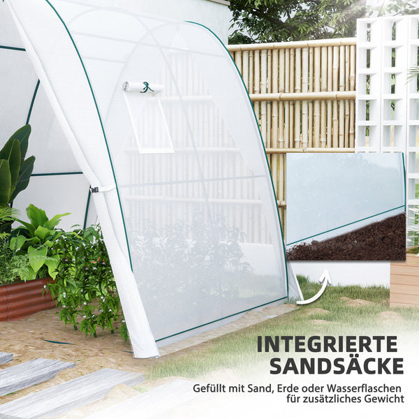 Bogen Gewächshaus mit Kunststoffabdeckung und Rolltüren weiss